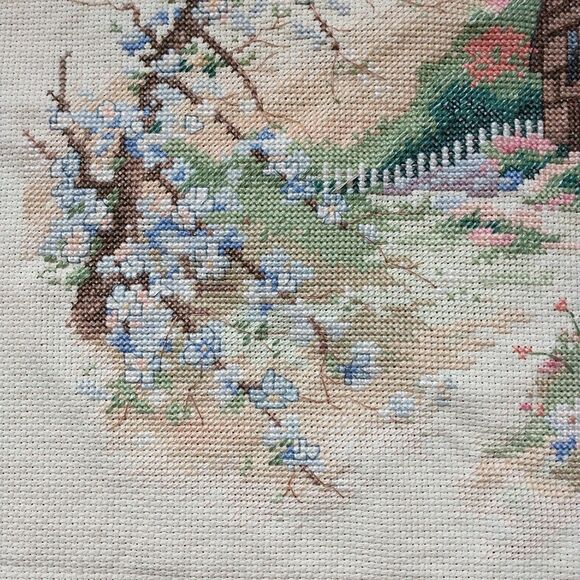 Sunset Design Cottage Enchantment Crosstitch Embroidery Wall Hanging ~11x14" - Picture 5 of 7